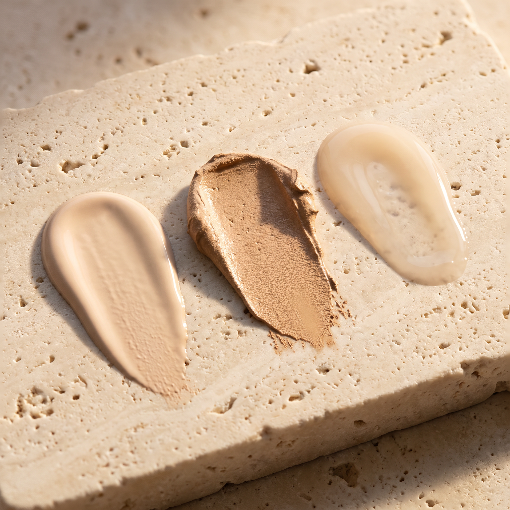Macro of concealer texture on cream linen showing thickness and light diffusion