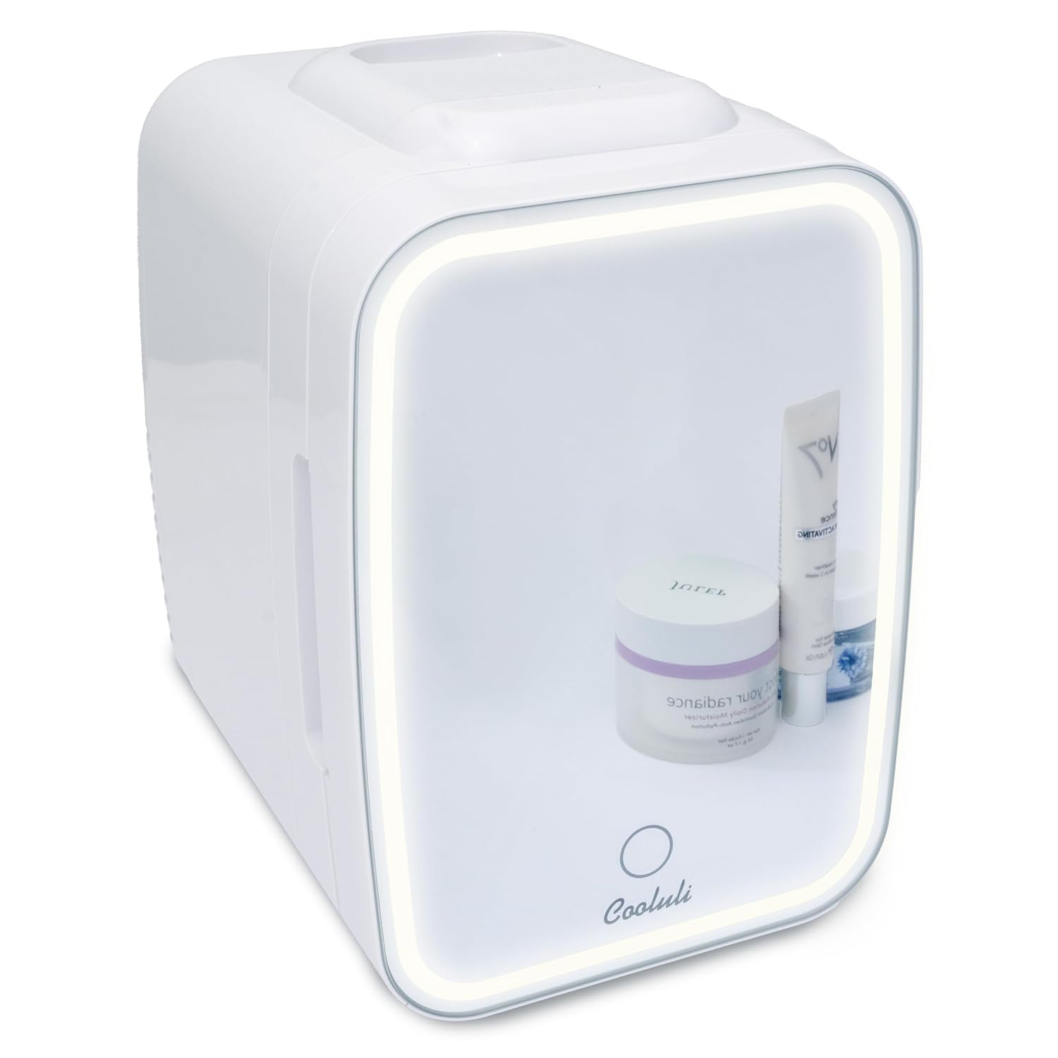 Cooluli Glow four litre mini skincare fridge with mirrored door and LED ring on a plain white background