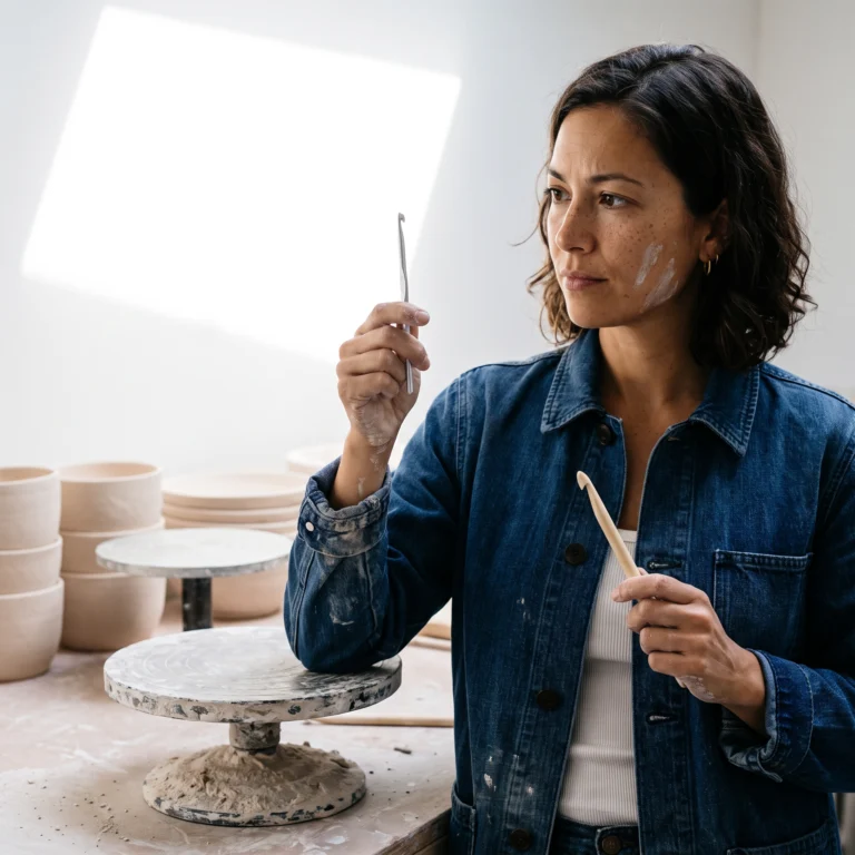 Avery comparing an aluminum crochet hook and a wooden crochet hook for beginners in a ceramics studio