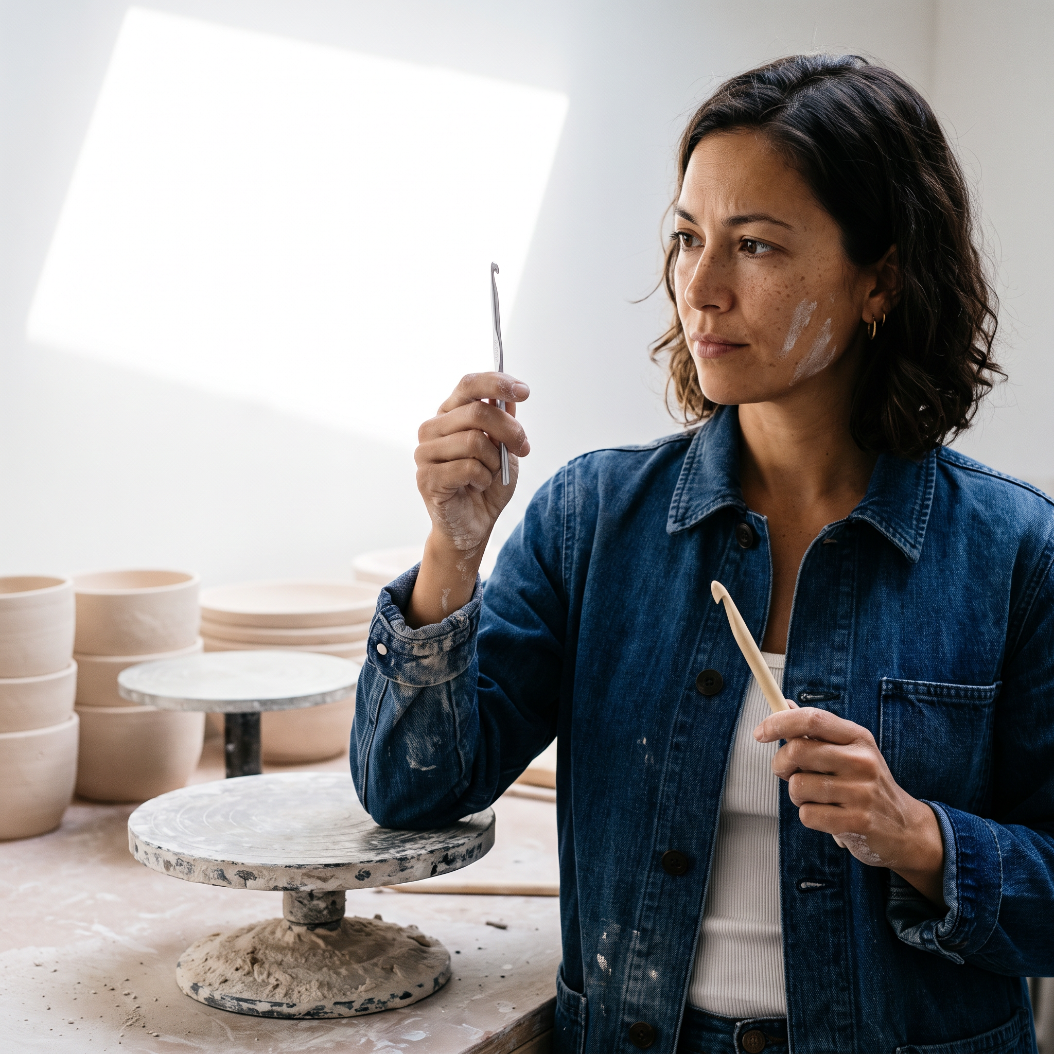 Avery comparing an aluminum crochet hook and a wooden crochet hook for beginners in a ceramics studio