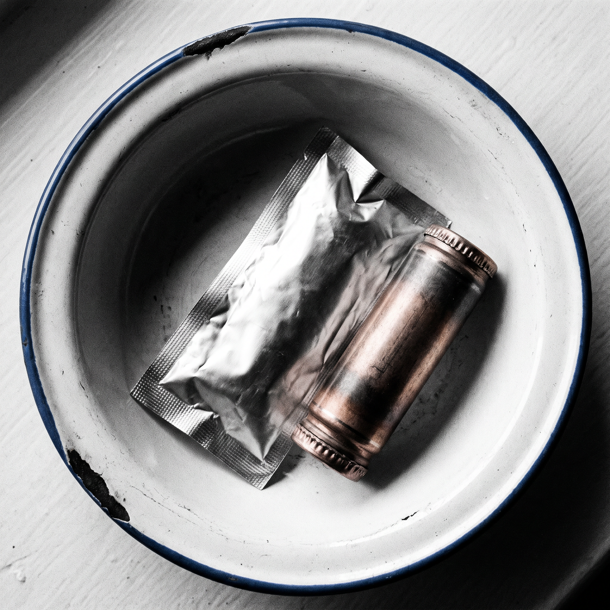 A sealed sterile needle cartridge beside its peeled foil pouch in an enamel dish