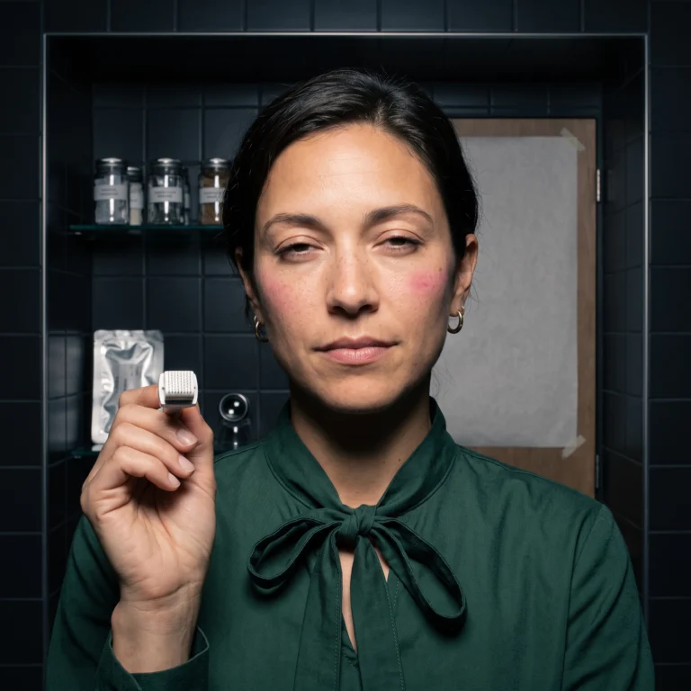Avery holding a derma stamp with its needle plate facing the camera at cheek height in a tiled treatment alcove.