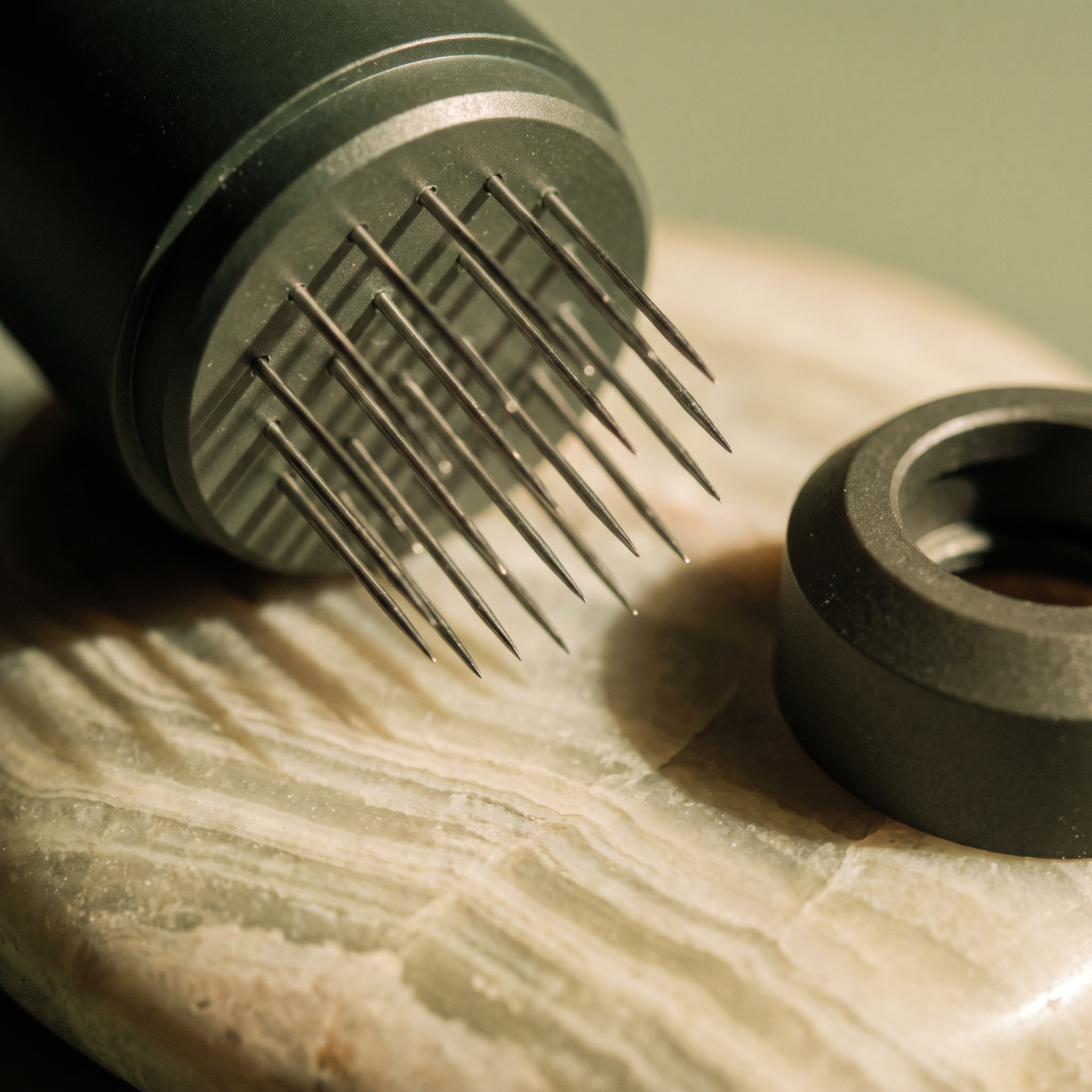 Macro of twelve steel needles in three rows on a flat stone