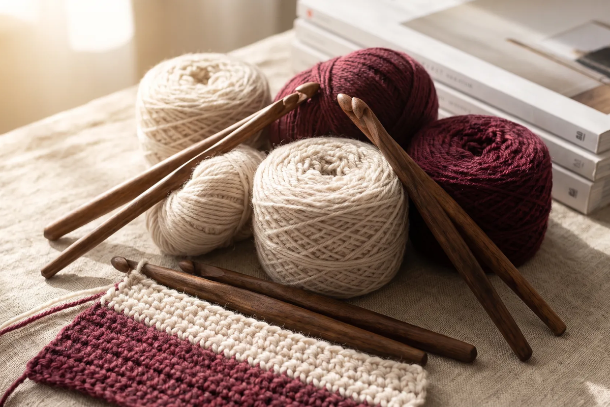 Handcrafted crochet stitches and yarn skeins with wooden hooks.