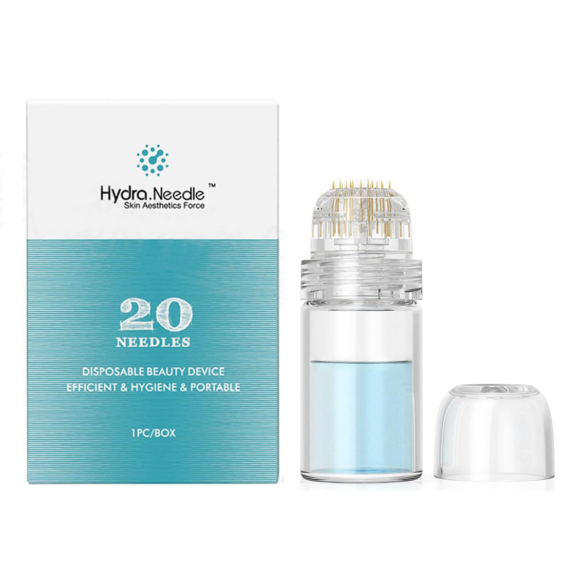Hydra microneedle stamp with a five millilitre refillable reservoir and titanium pins on a plain white background