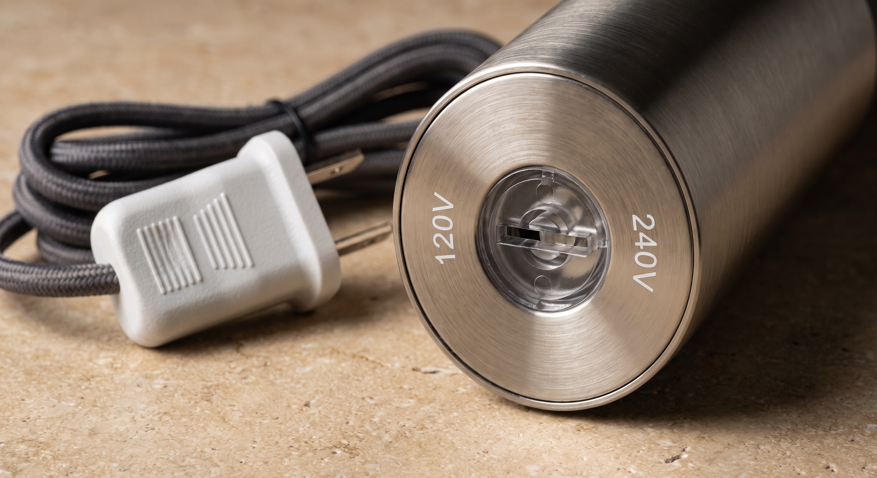 Macro studio photograph of a compact travel hair dryer brush handle showing the mechanical 120V and 240V dual-voltage rotary switch next to a travel plug adapter.