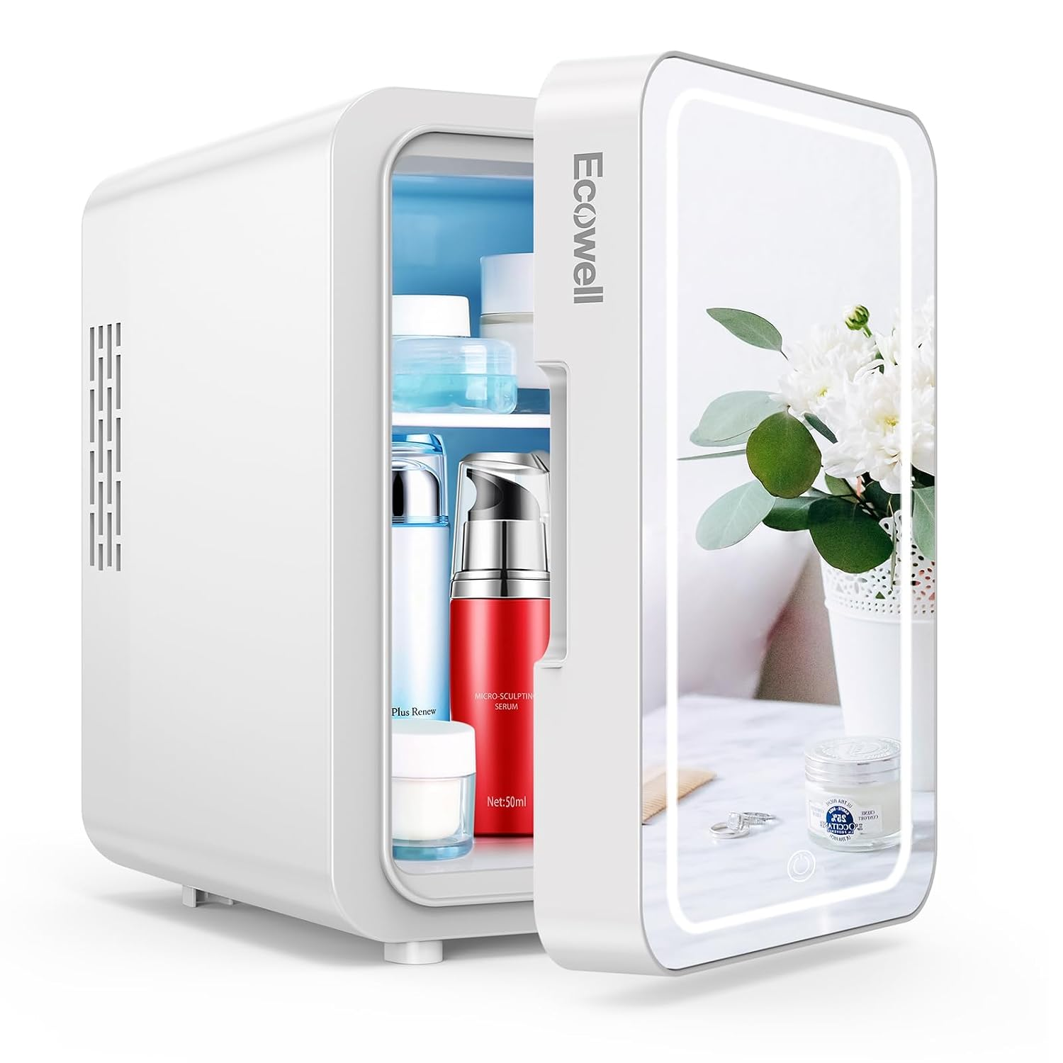 ECOWELL four litre skincare fridge with LED mirror and adjustable light levels on a plain white background