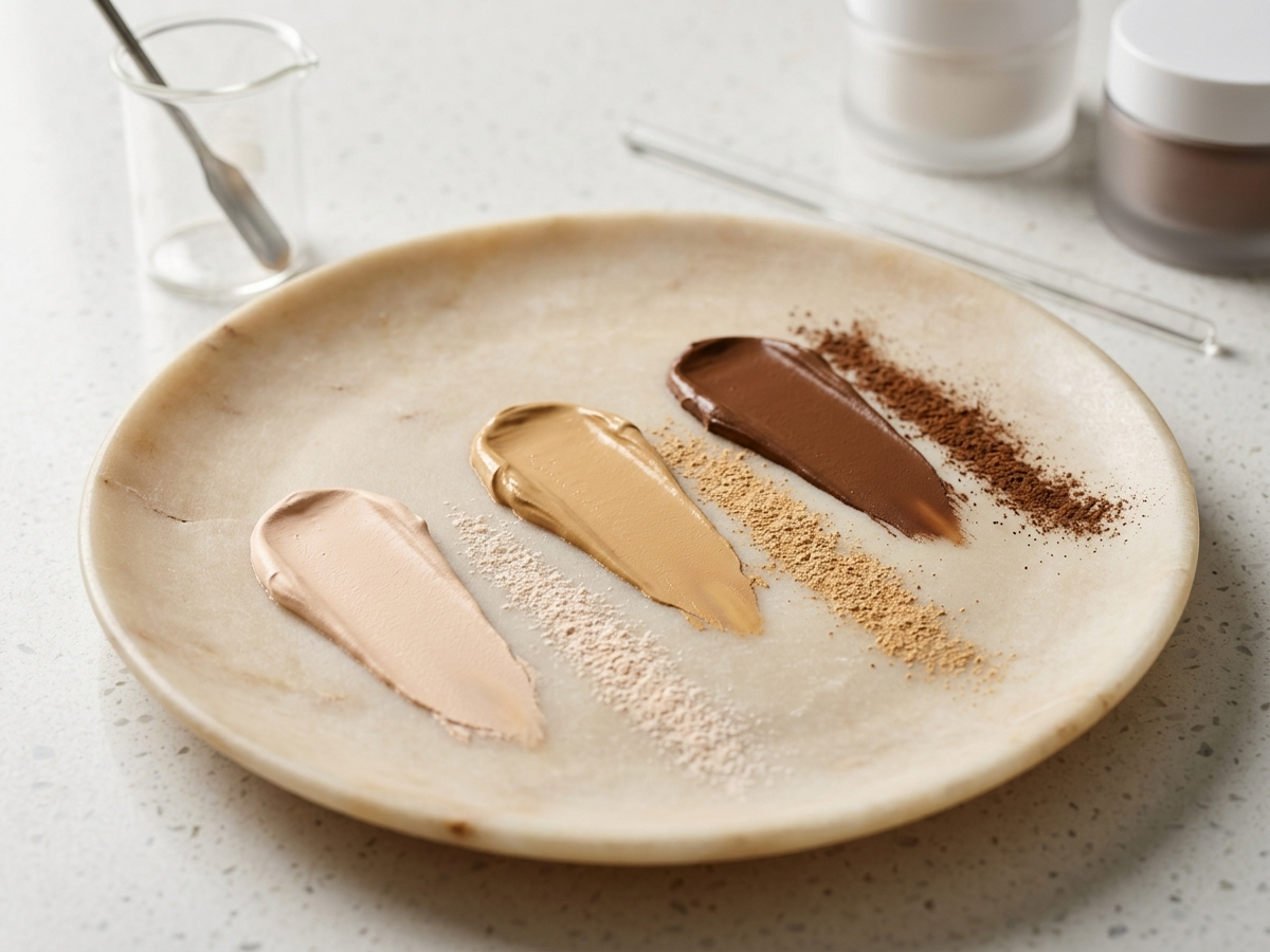 Editorial cosmetic chemistry formulation showing liquid foundation swatches in neutral undertones alongside micro-milled powder pigments on an alabaster dish