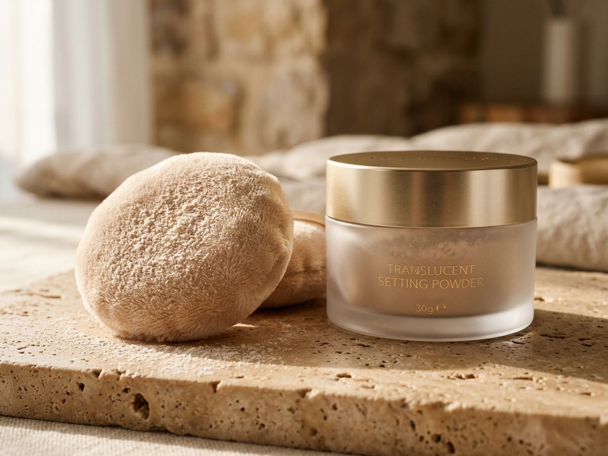 Plush velour powder puff dusted with fine translucent setting powder resting beside an open frosted glass jar on travertine stone