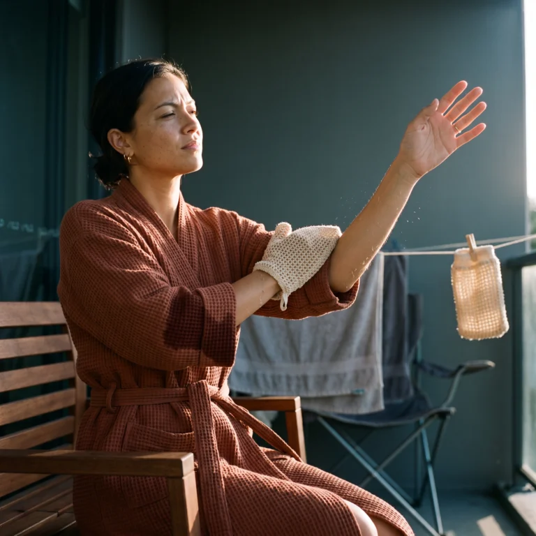 Avery mid-stroke with a textured exfoliating mitt on her forearm on a sunlit balcony, loose skin rolling off the surface.