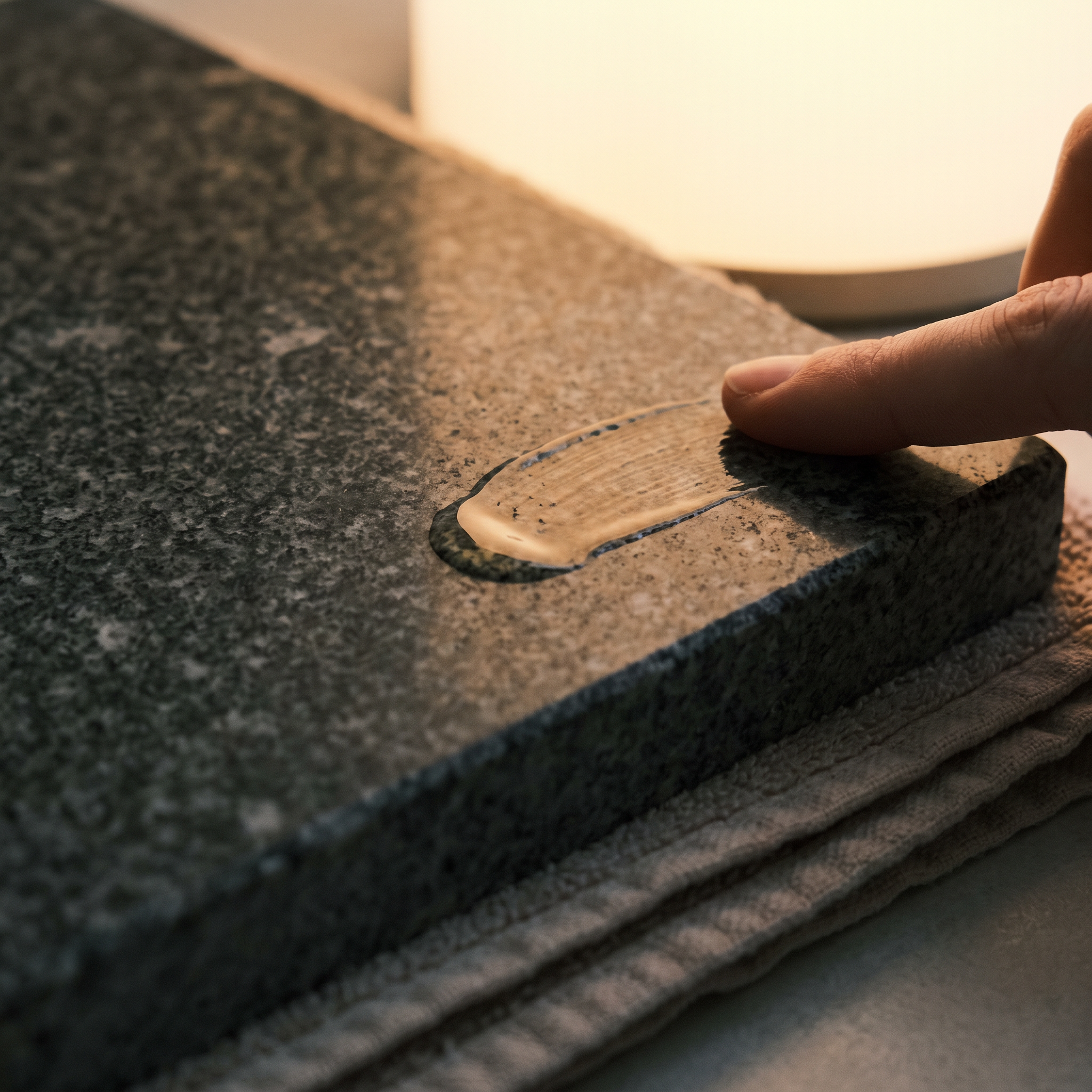 A fingertip smearing body oil into a translucent fan on stone