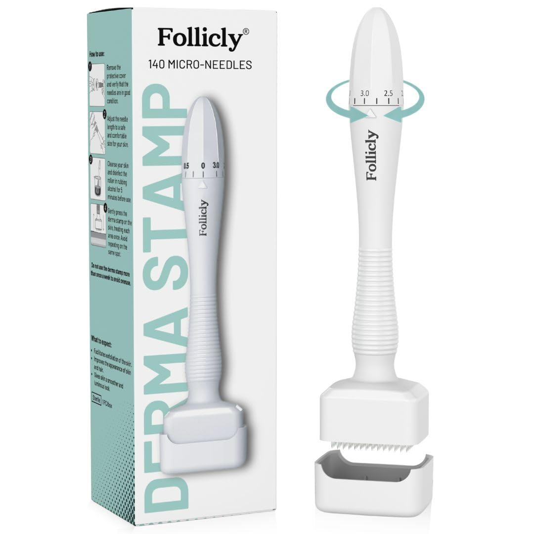 Follicly derma stamp with 140 titanium needles and an anti-slip handle on a plain white background