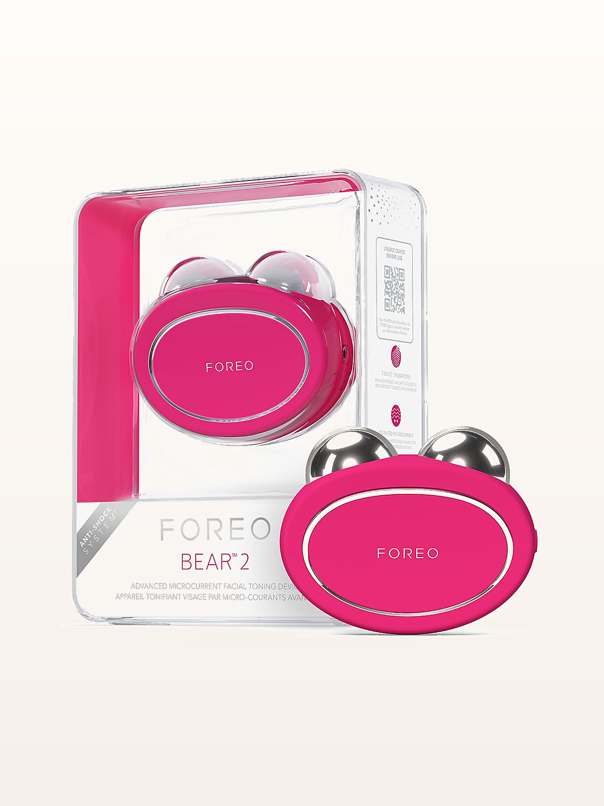 FOREO BEAR 2 Microcurrent Facial Toning Device clinical hardware on warm studio stage