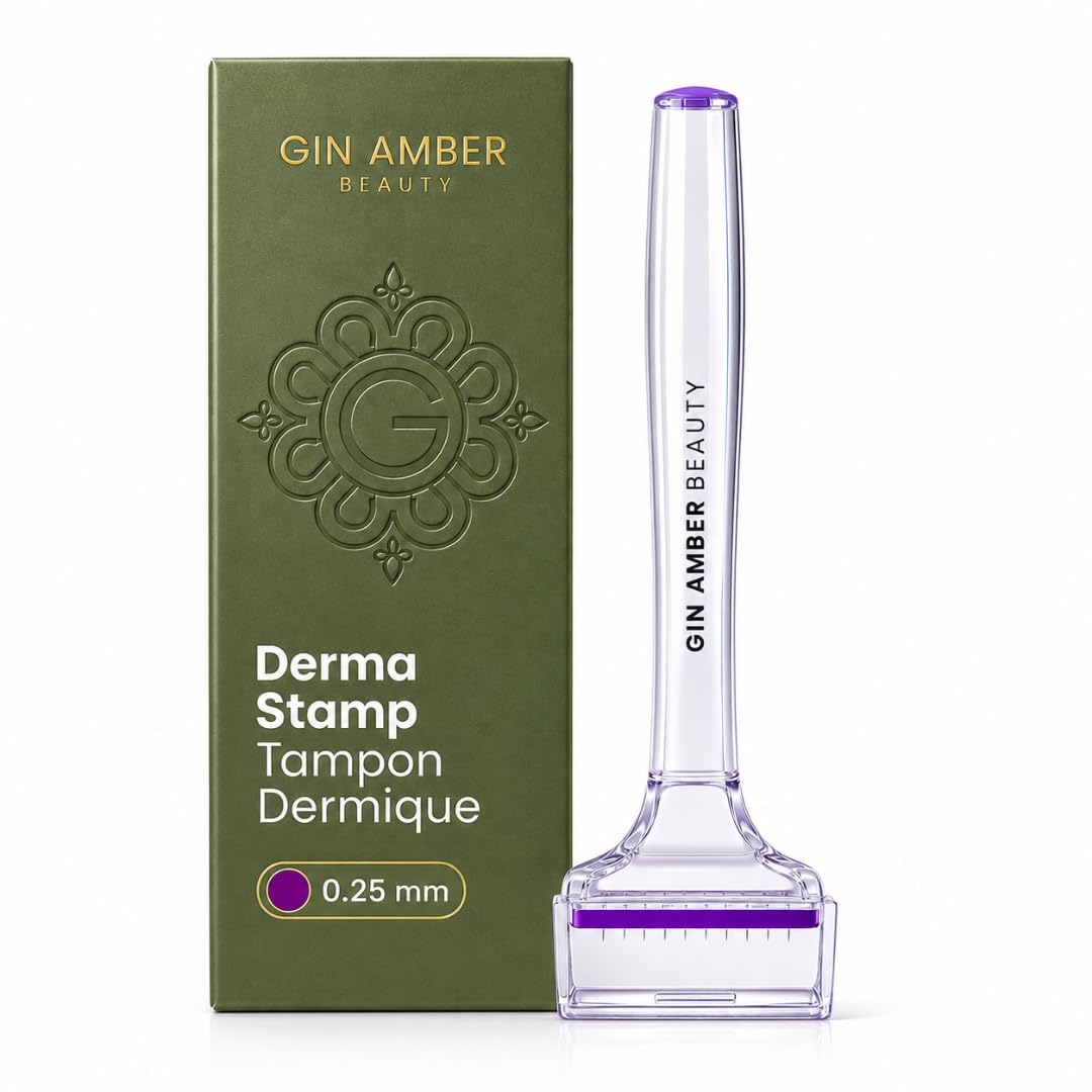 Gin Amber Beauty derma stamp with eighty fine stainless steel needles at 0.25 mm on a plain white background