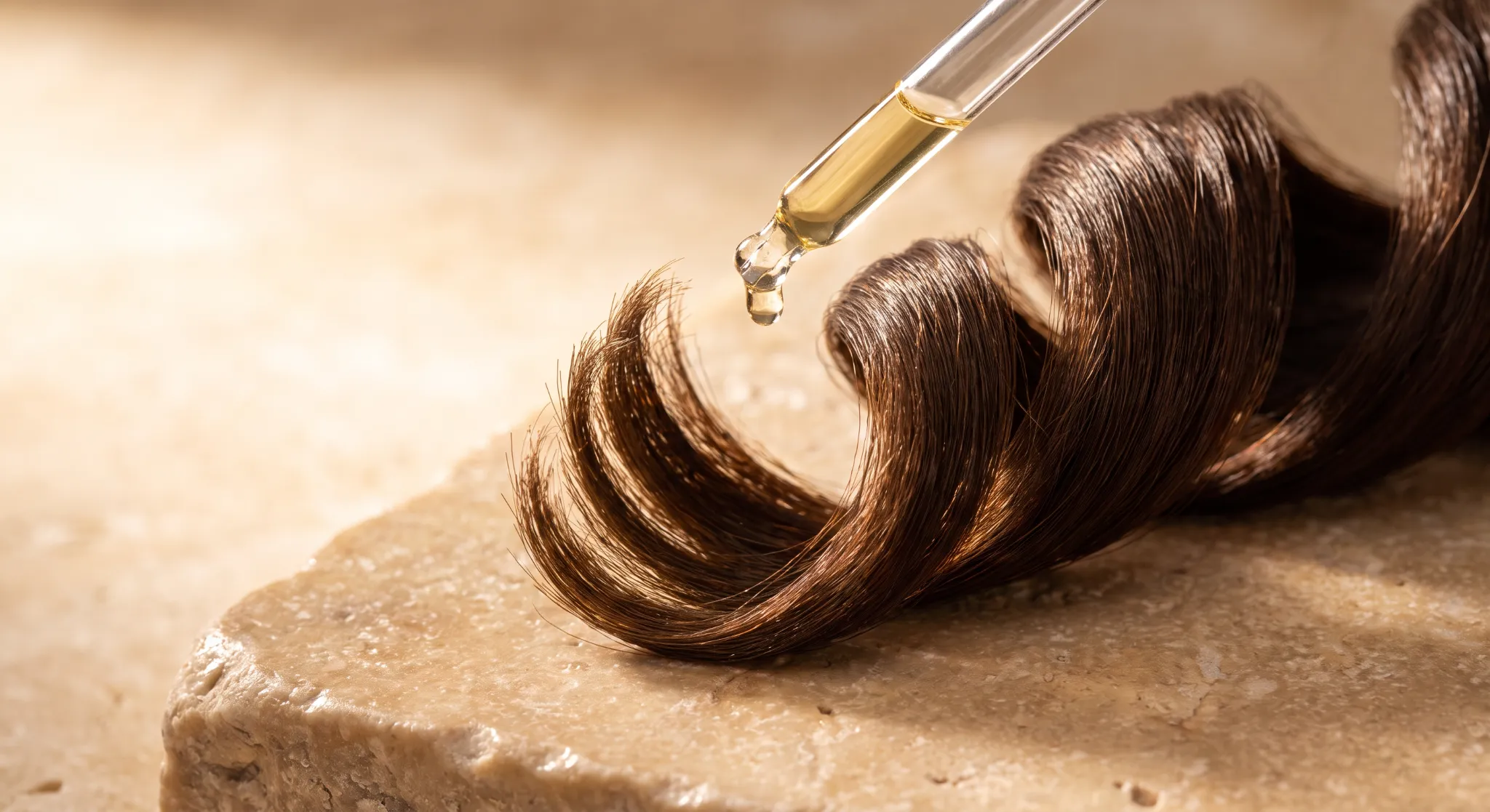 Macro studio photograph of a glossy spiral coil of permed hair with cosmetic lipid serum droplets sealing cuticular scales.