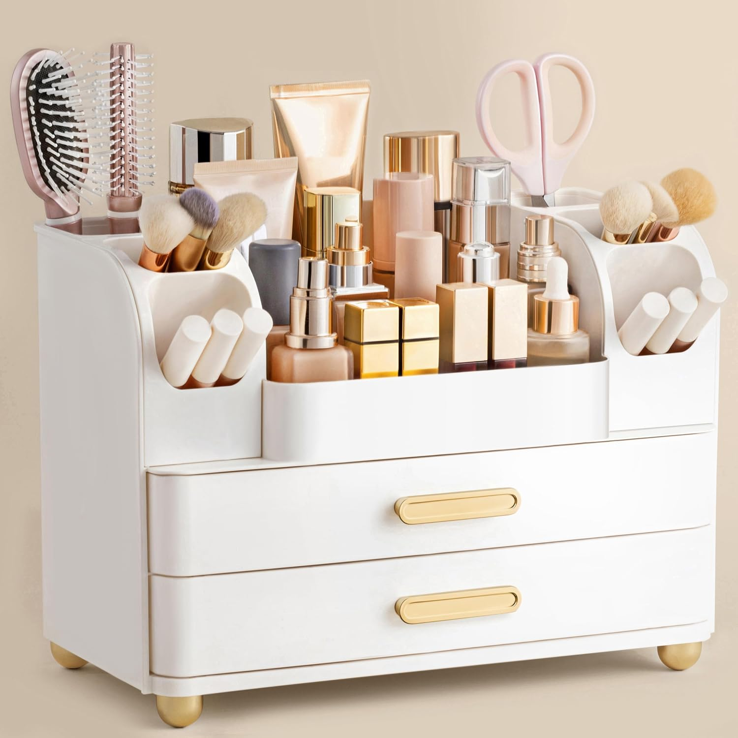 HBlife makeup organizer with two drawers, a top compartment and side brush slots on a plain white background