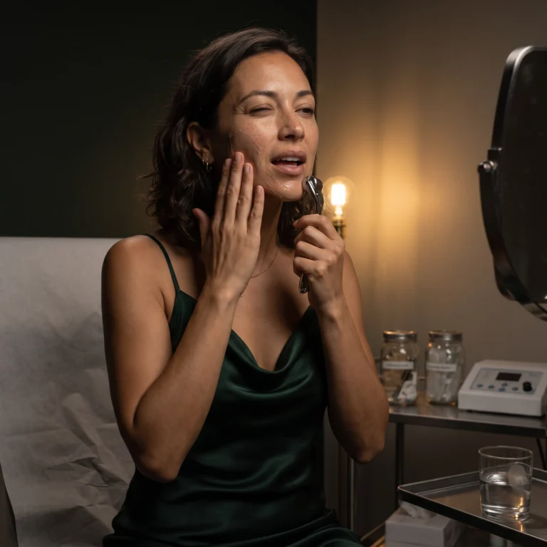 Avery gliding a steel galvanic roller across her jaw with a visible layer of conductive gel in a softly lit bathroom.