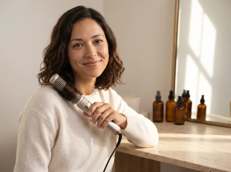 Avery holding a round barrel ceramic hot air curling brush at a travertine vanity table.