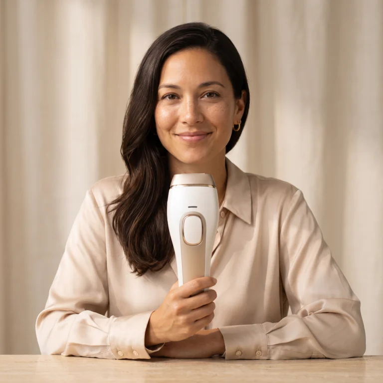 Editorial portrait of Avery holding a pearl-white and champagne-gold handheld IPL hair removal device at a sunlit travertine vanity.