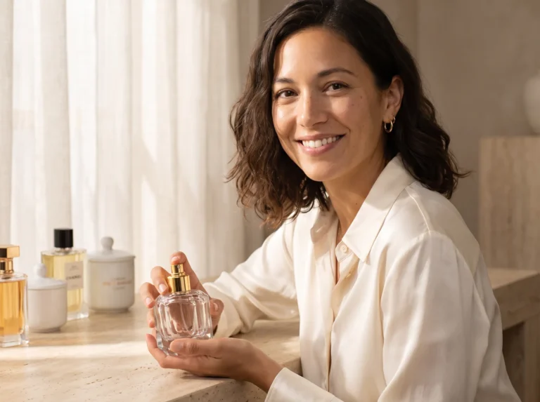 Avery holding luxury perfume bottle in morning light