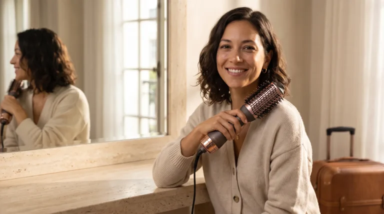 Avery holding a compact travel hair dryer brush in a bright hotel suite.
