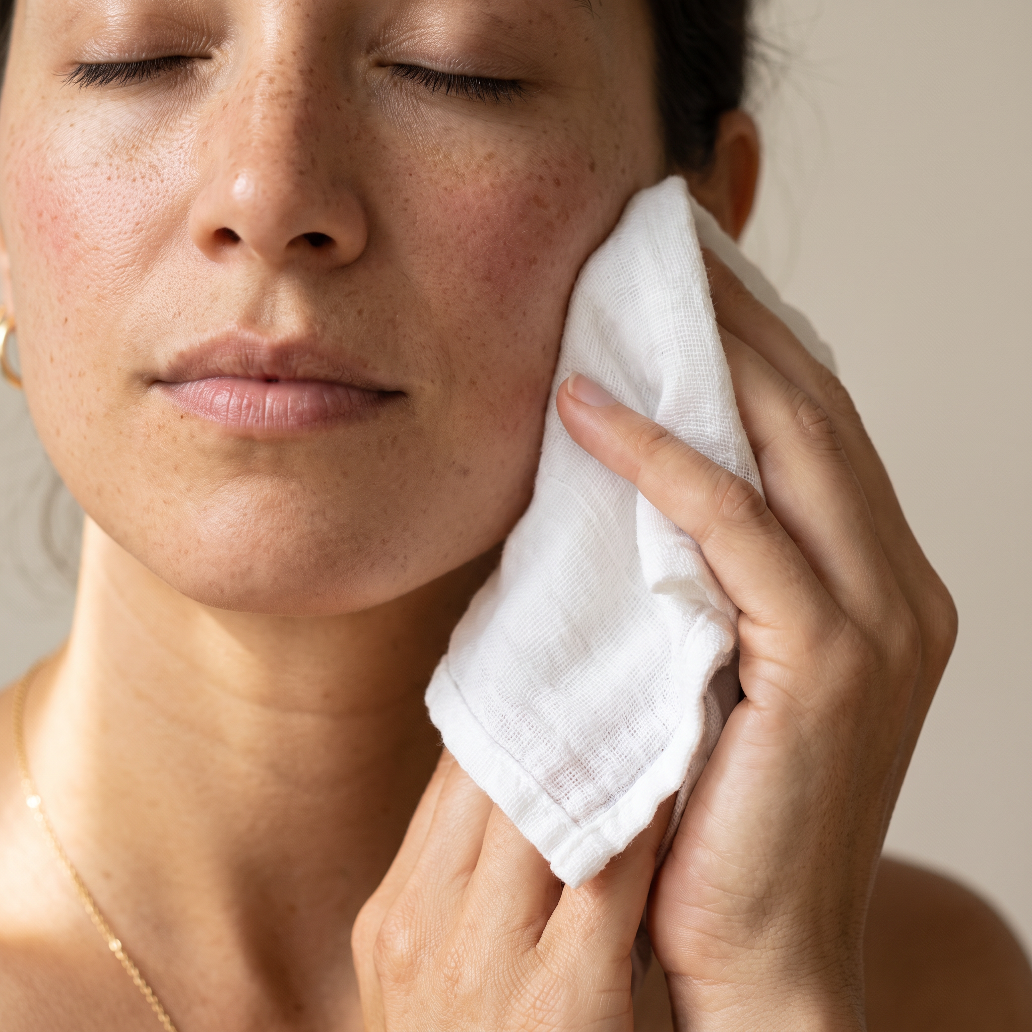 Cotton pad held gently against closed lashes to dissolve eye makeup without scrubbing