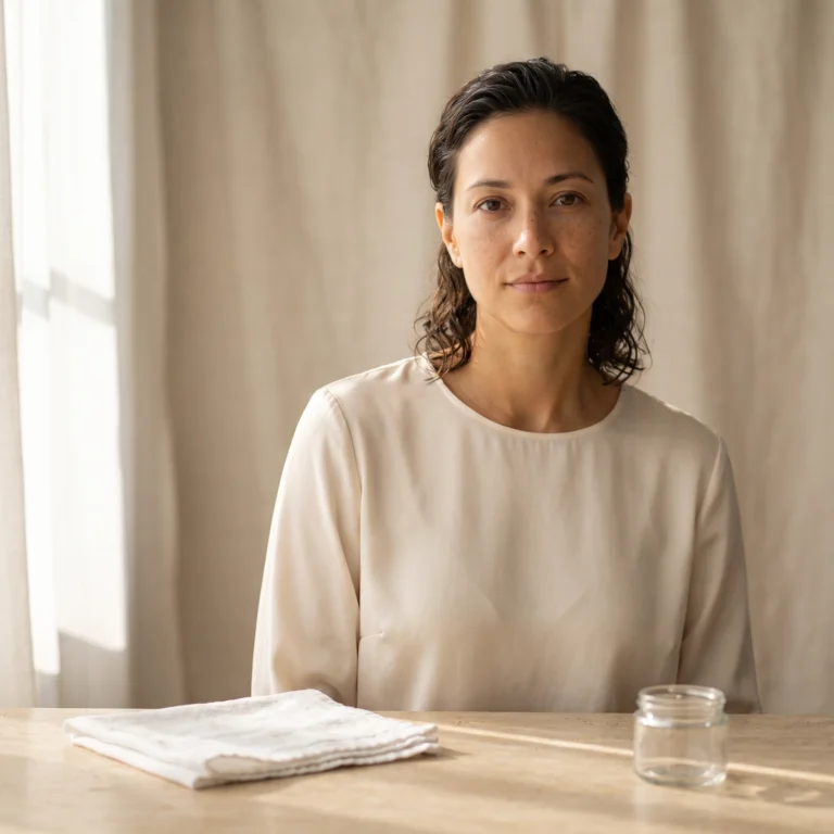 Woman holding an open jar of solid cleansing balm beside her clean bare face in soft light