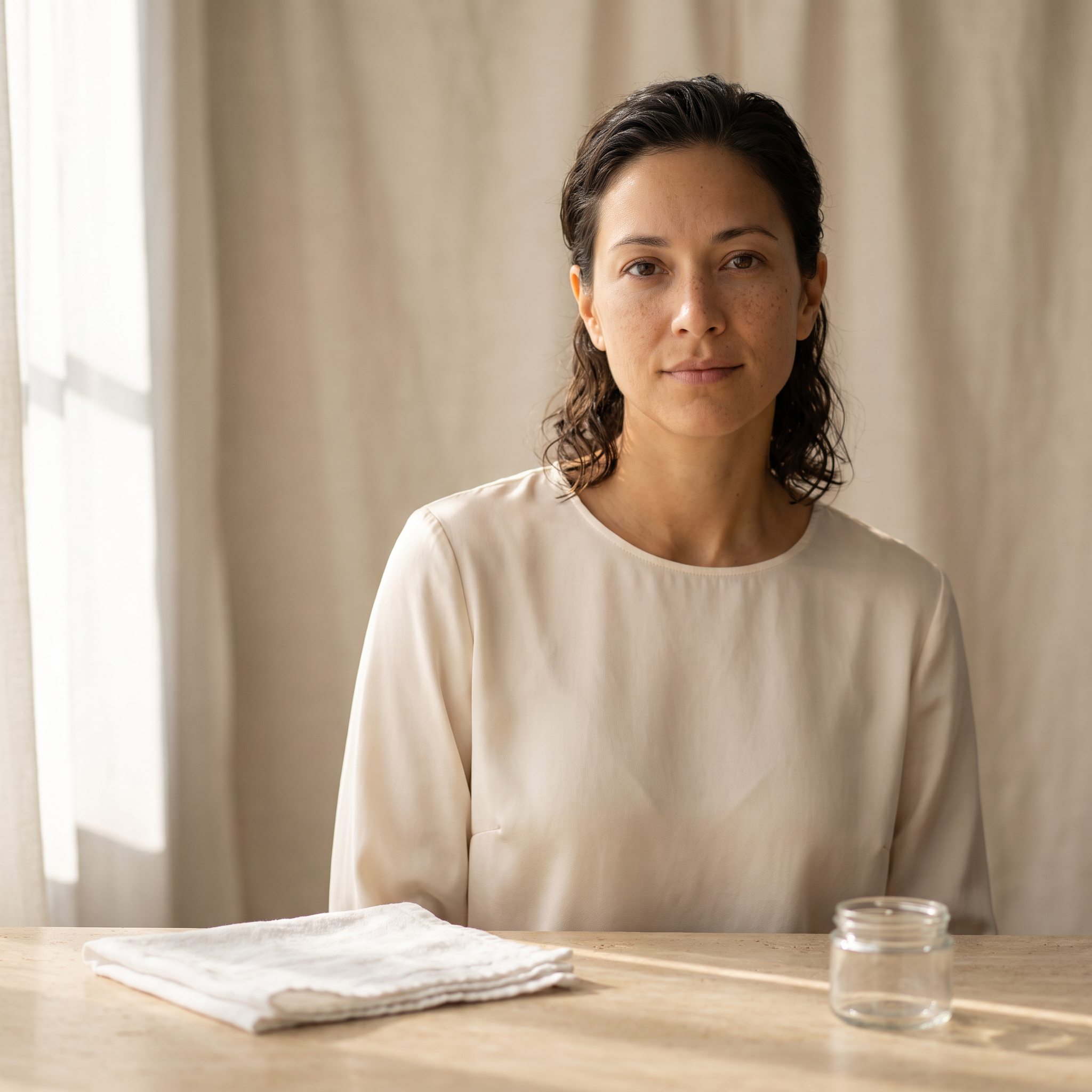 Woman holding an open jar of solid cleansing balm beside her clean bare face in soft light