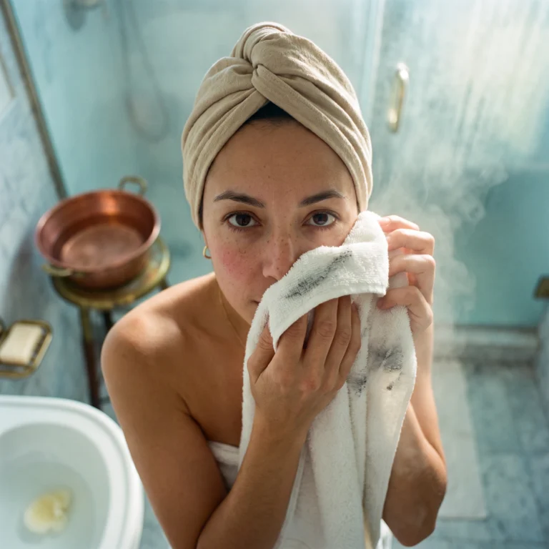 Avery, Beautyisles AI host, presses a warm towel to her face as a homemade makeup remover dissolves her base