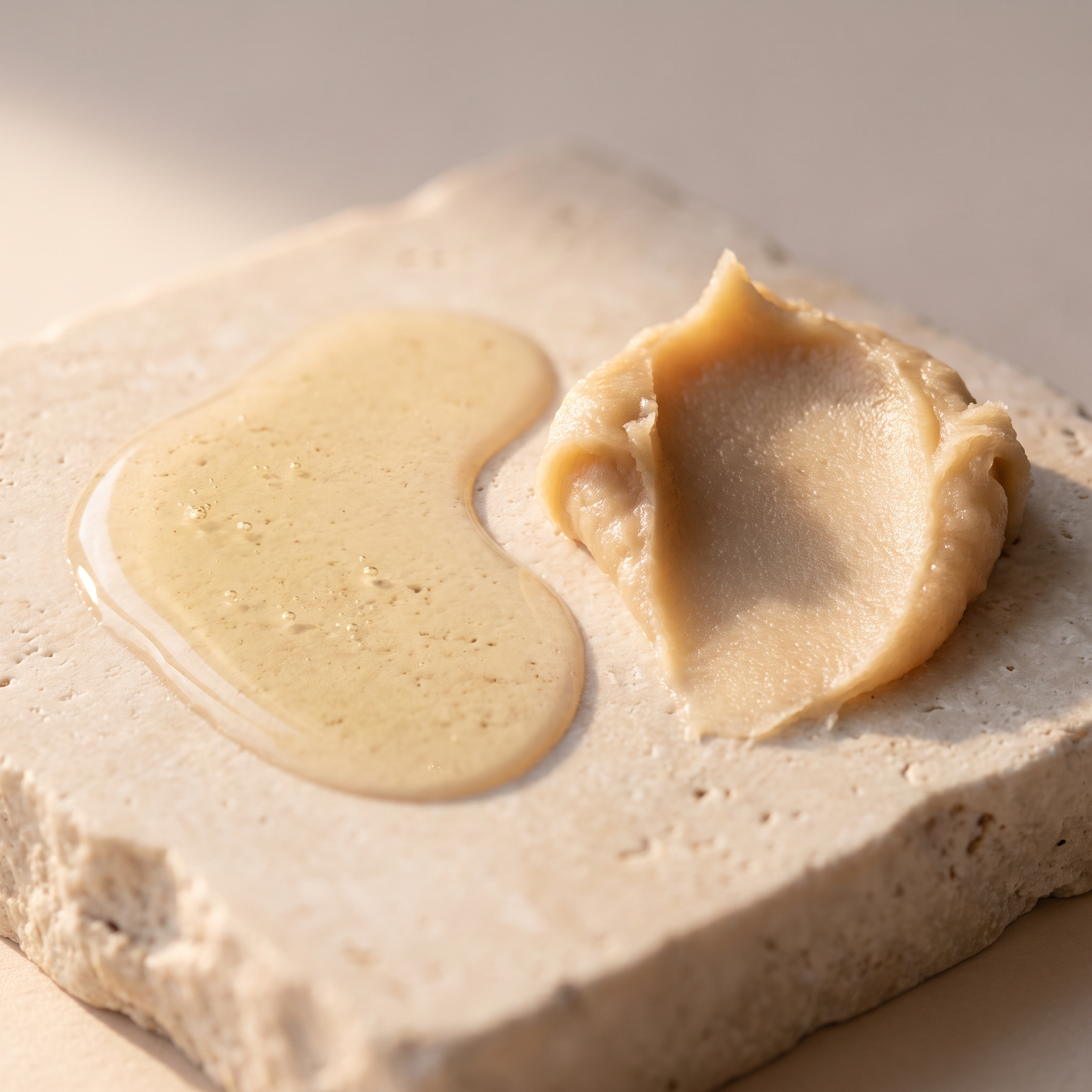 Macro close-up of solid cleansing balm melting into clear oil