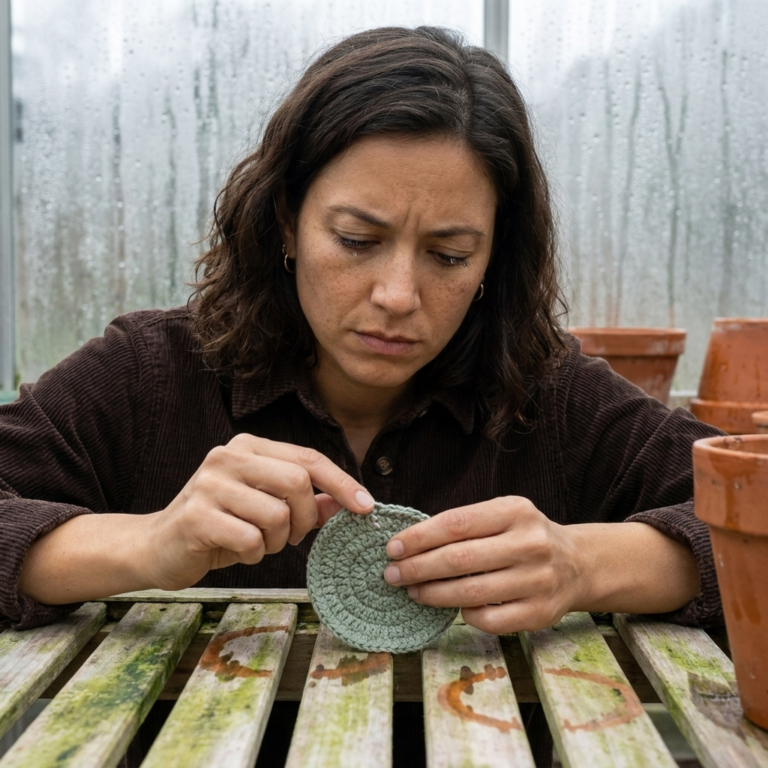 Avery cupping a crochet circle on a misted greenhouse bench to check a flat round