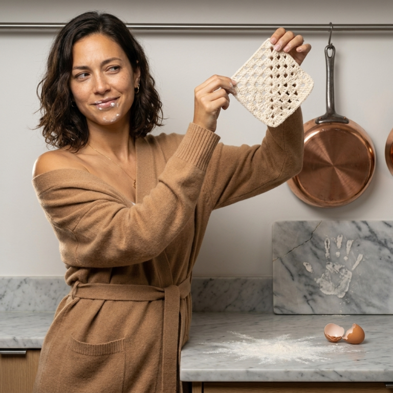 Avery holding an open granny square corner above a flour-dusted kitchen counter