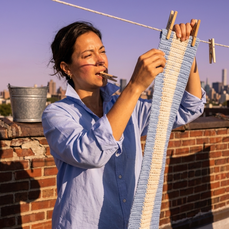 Avery pinning a crochet scarf on a rooftop laundry line to check rectangle length