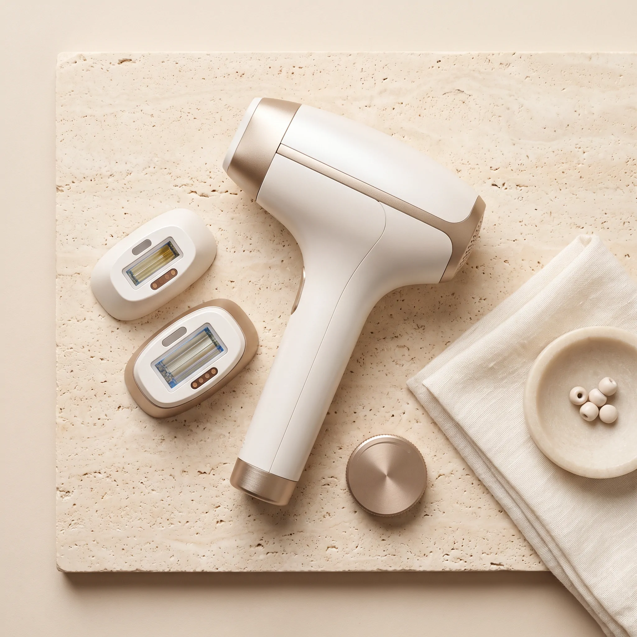 Overhead flat lay of an at-home IPL hair removal handset with its magnetic treatment heads and accessories