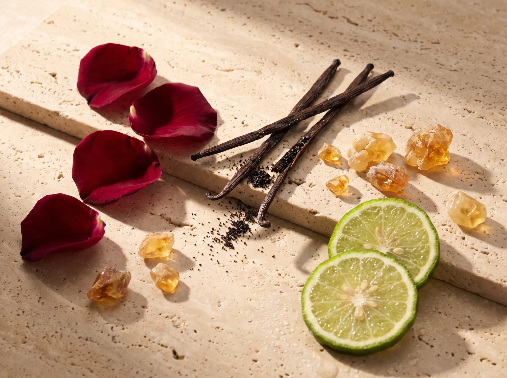 Macro editorial still life of raw luxury perfume botanical ingredients including Damascus rose petals, Bourbon vanilla pods, amber resin, and fresh bergamot