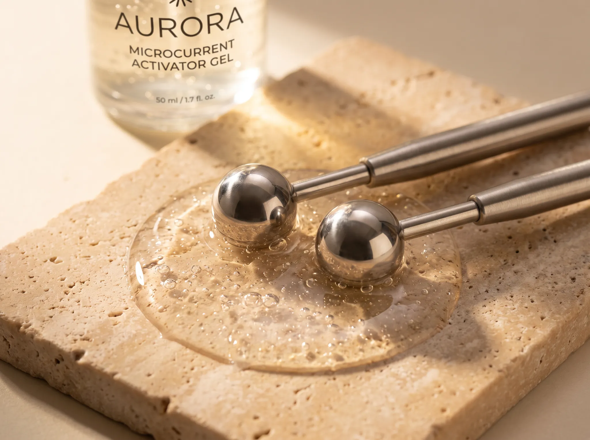 Macro still life of dual spherical surgical stainless steel microcurrent probes resting in clear electrolyte conductive gel on warm travertine