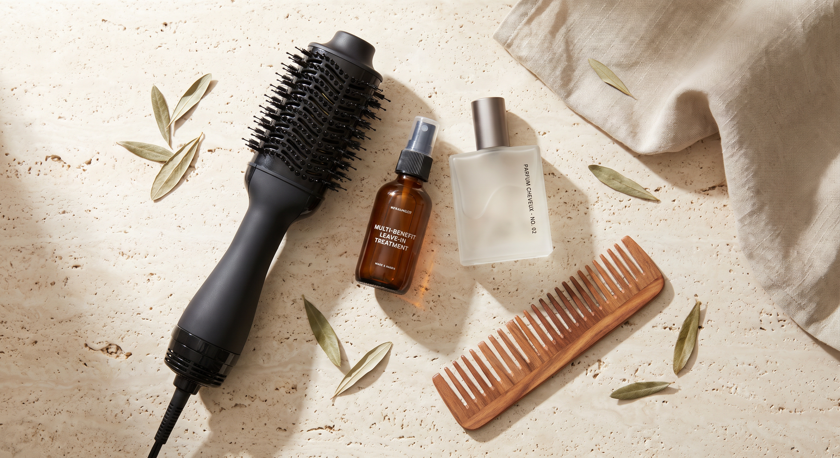 Flat lay photography of minimalist travel hair care essentials: compact dual-voltage blowout brush, amber leave-in spray bottle, luxury hair fragrance flacon, and wooden comb on travertine stone.