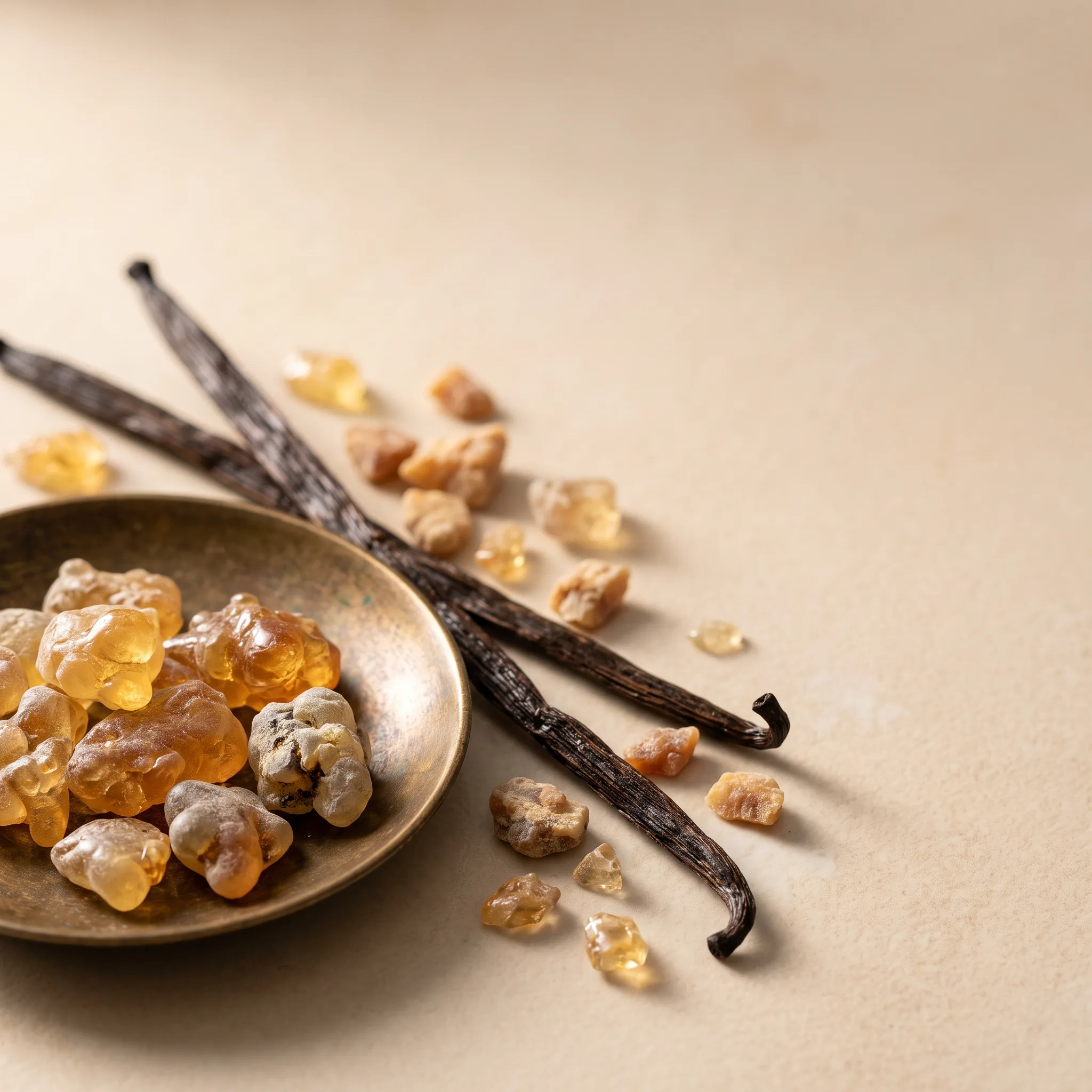 Macro still life of perfumery base materials on a warm porcelain surface: a small bronze dish of translucent amber resin, pale labdanum resin tears, s