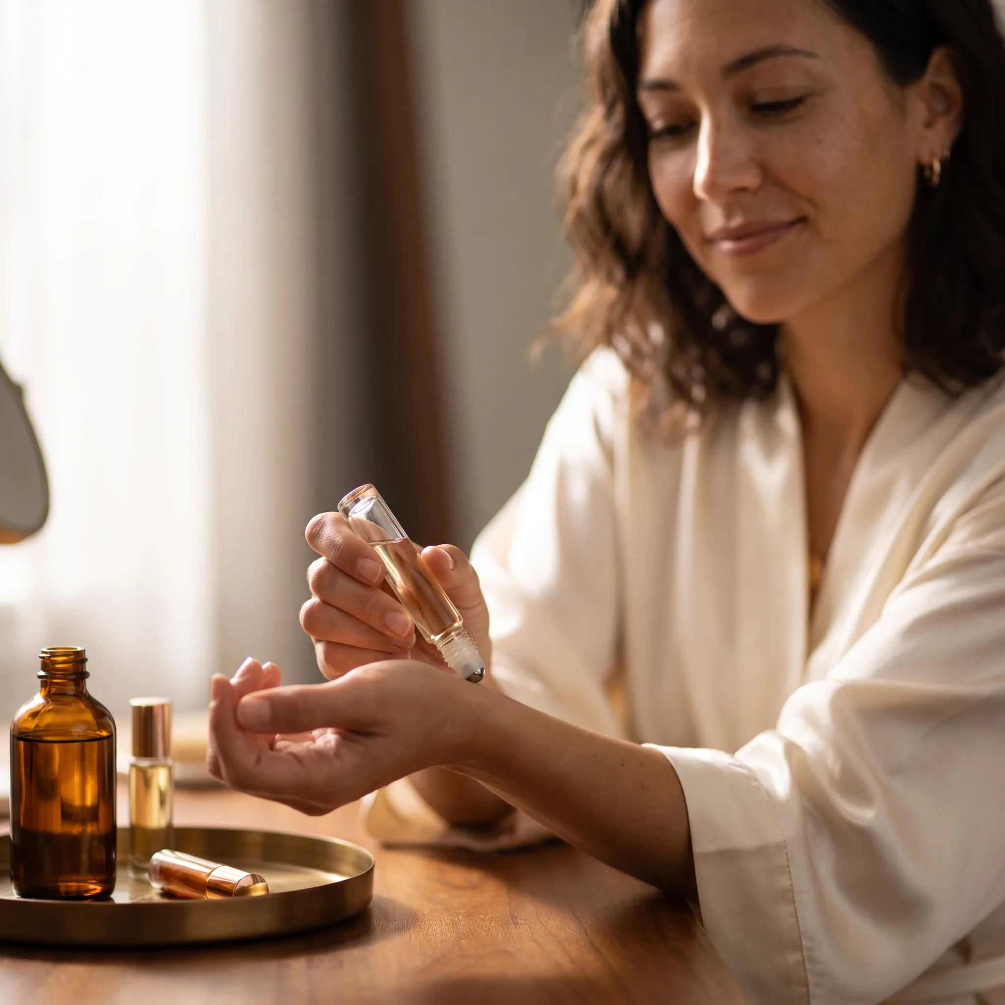 Editorial beauty photograph of Avery, the Beautyisles AI host, rolling a musk perfume oil onto her inner wrist with a slim glass rollerball. Hands and