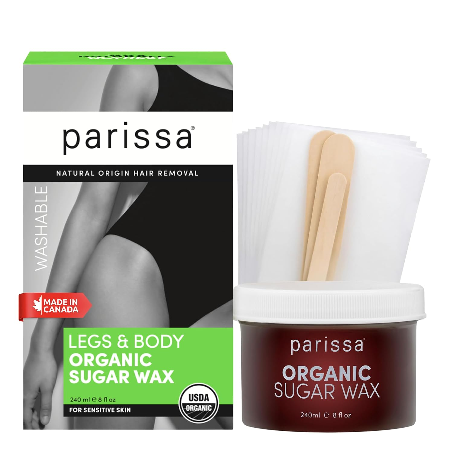 Parissa organic sugar wax kit with reusable cotton strips and wooden spatulas on a plain white background