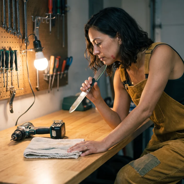 Avery raising a foot file toward the camera at a garage workbench, the steel blade catching a single clamp lamp.
