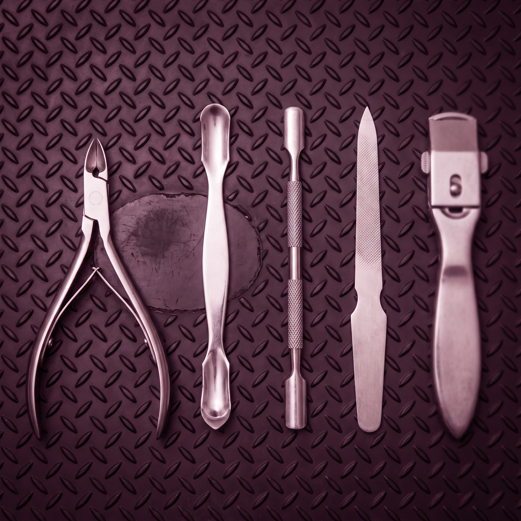 Flat-lay macro of surgical stainless steel toenail nipper, foot rasp, and cuticle pusher on brass tray
