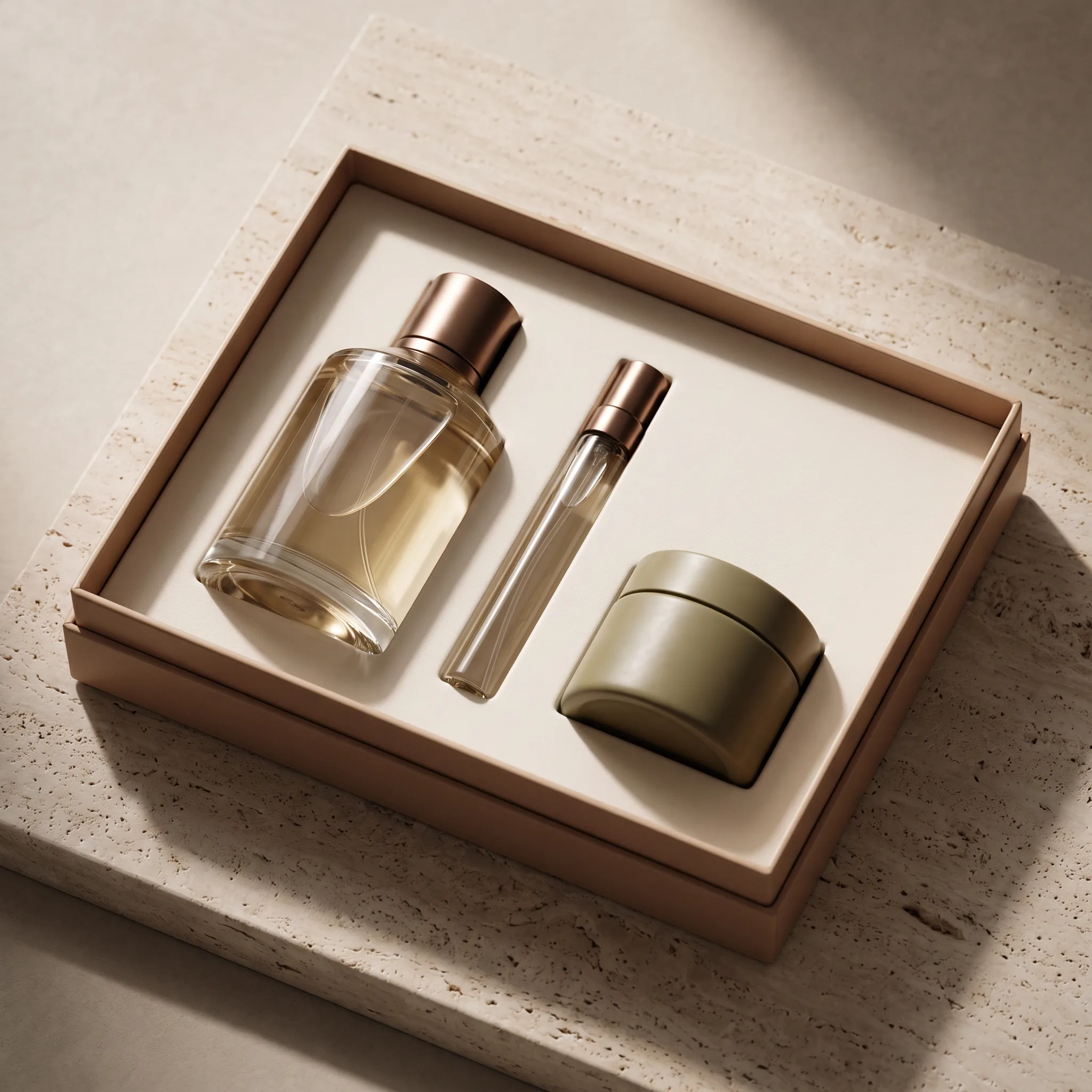 Overhead macro still life of an open fragrance coffret on a honed travertine slab. The box holds a full glass bottle, a slim travel spray and a small