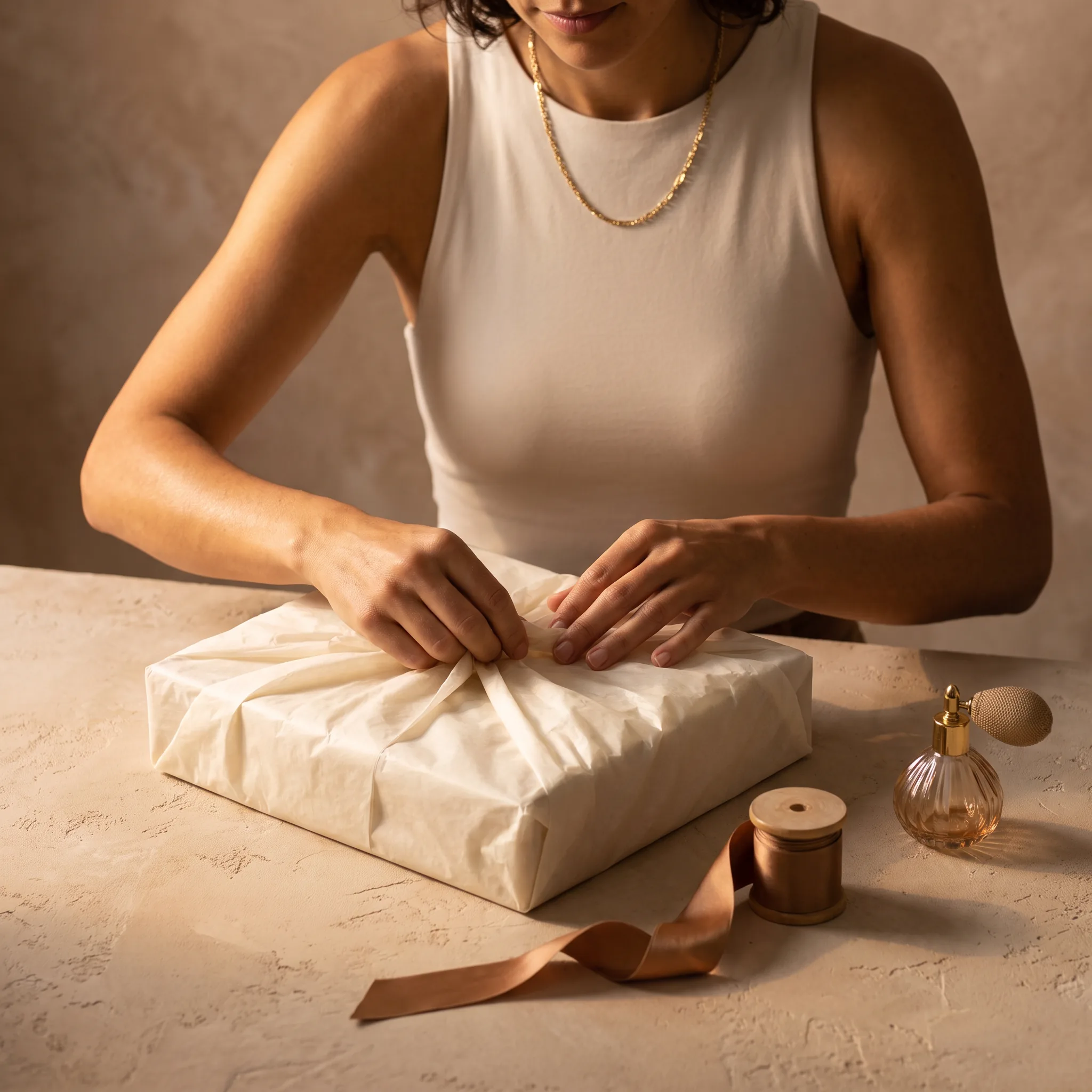 Editorial still life of Avery, the Beautyisles host, seen from the shoulders down as she wraps a fragrance coffret in soft ivory tissue paper on a war