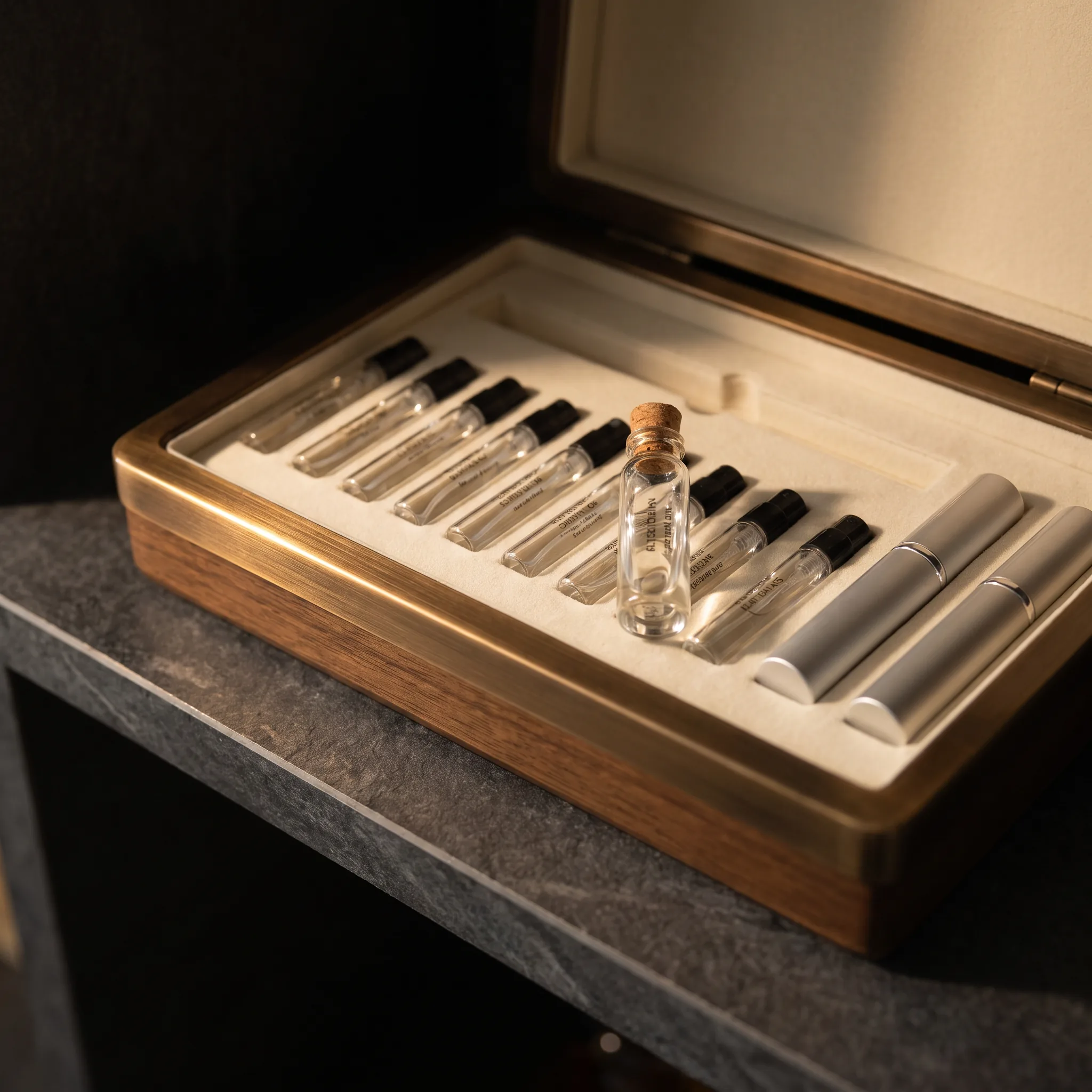 Editorial still life of an open bronze-rimmed storage box on a cool dark shelf, holding a neat row of small fragrance sample vials and two travel spra
