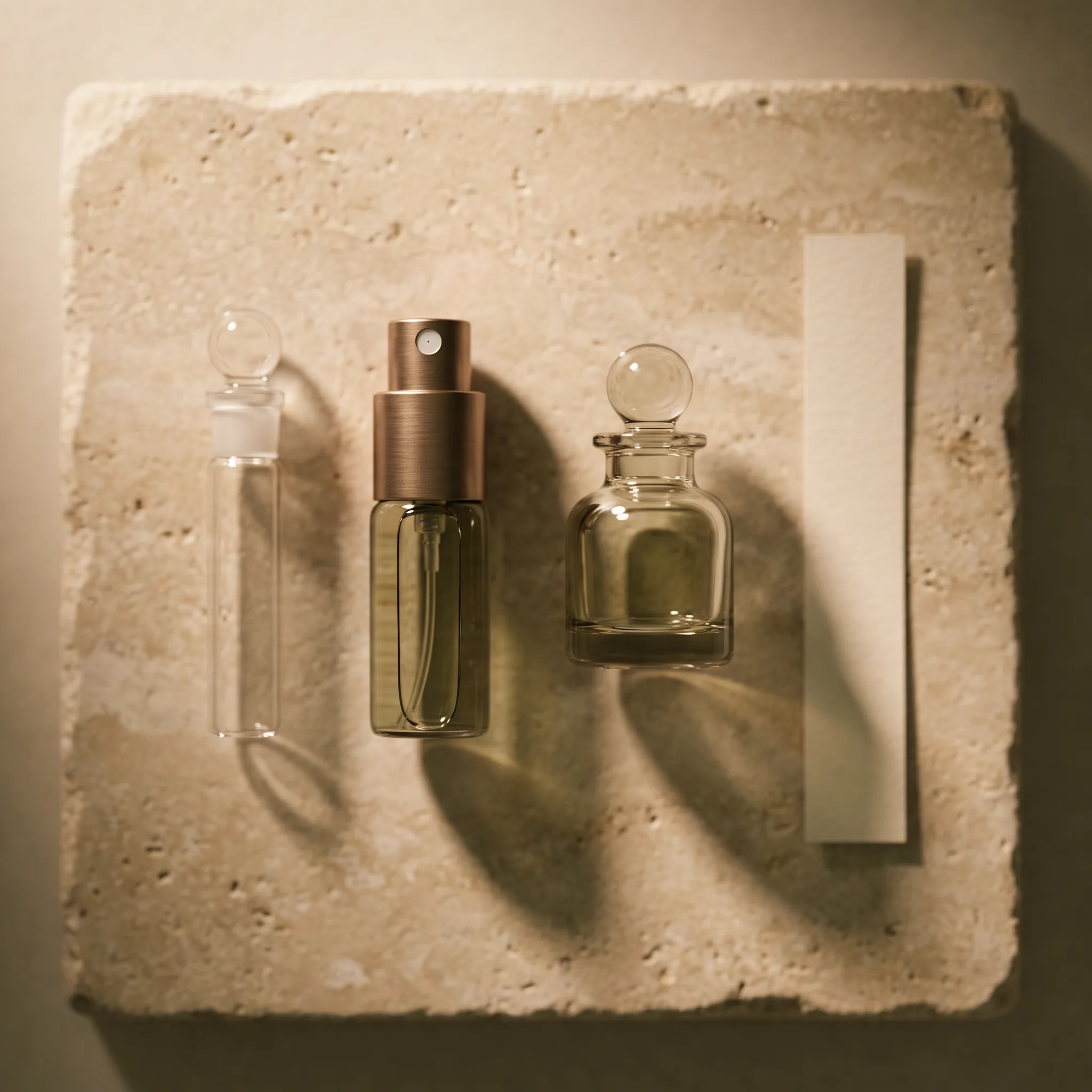Overhead macro still life of four fragrance trial formats laid in a row on a honed travertine slab: a slim glass dab vial with a stopper, a small trav