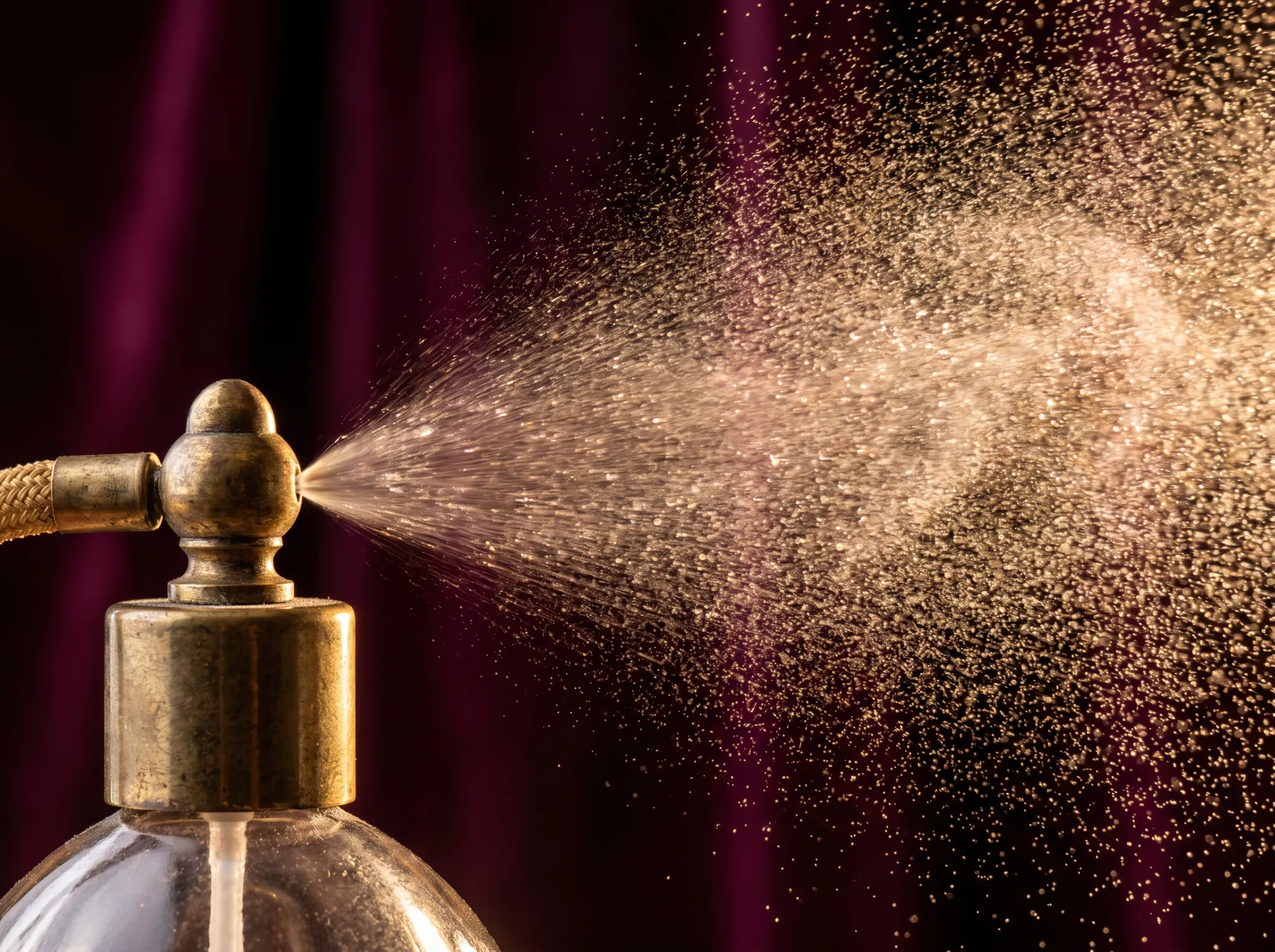 Macro high-speed photography of a fine fragrant perfume mist spray dispersing from a brass atomizer nozzle