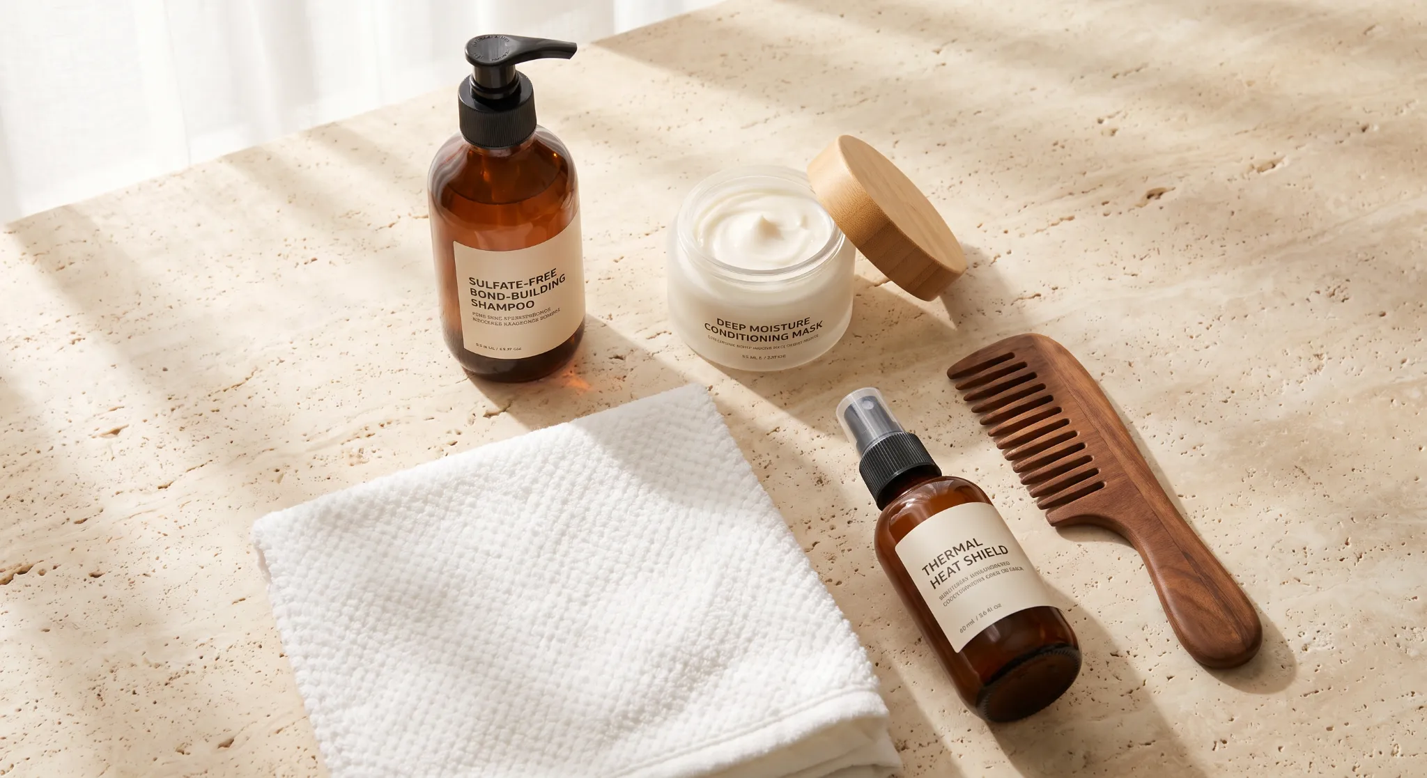 Still life flat lay photography of permed hair care products including sulfate-free cleanser, deep repair mask, microfiber towel, and sandalwood comb on travertine.