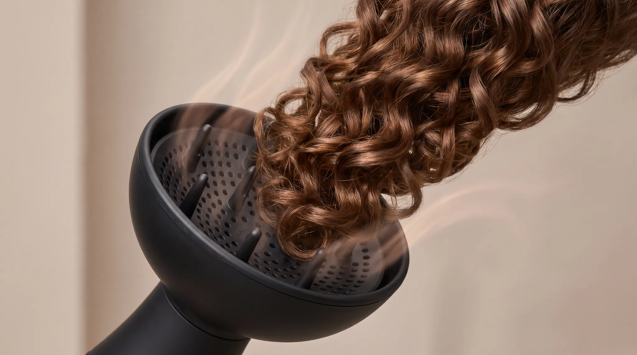 Close-up photograph of a deep-bowl hair dryer diffuser lifting and drying bouncy permed curls on gentle heat.