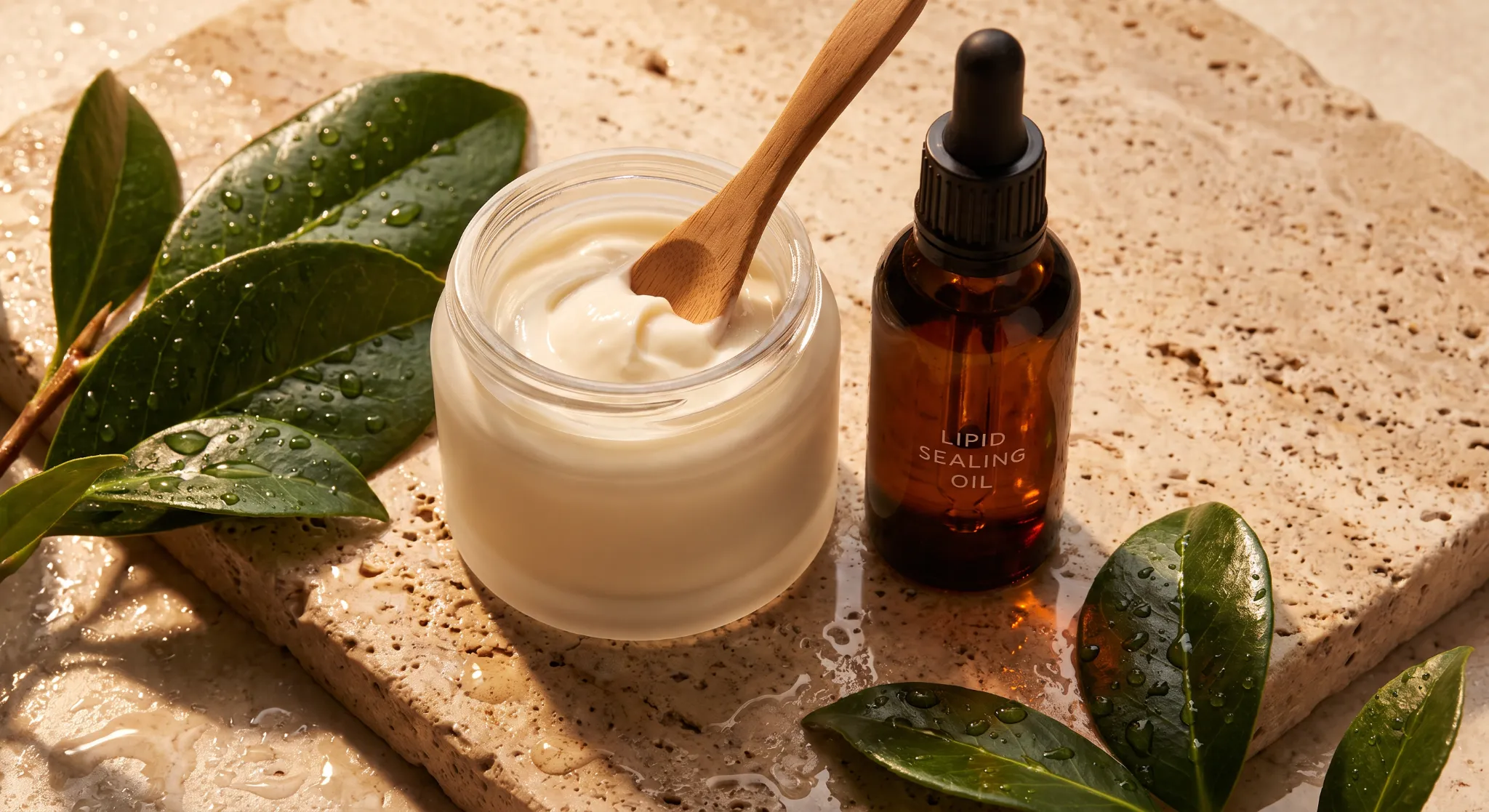 Macro studio photograph of pre-swim barrier cream and lipid sealing oil on damp travertine stone.